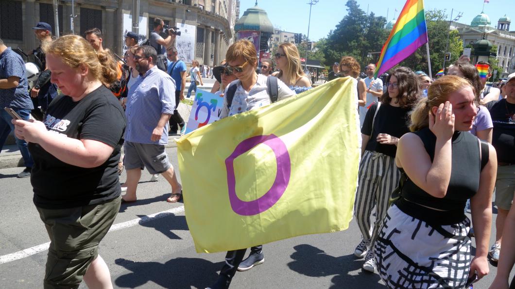 De interseksevlag bij een pride-demonstratie