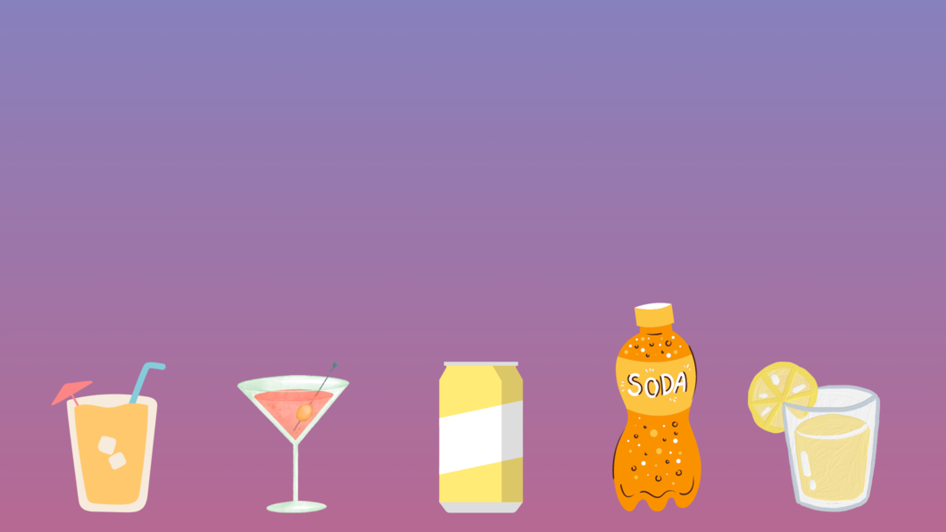 Roze paars achtergrond met diverse cartoon drankjes op de voorgrond