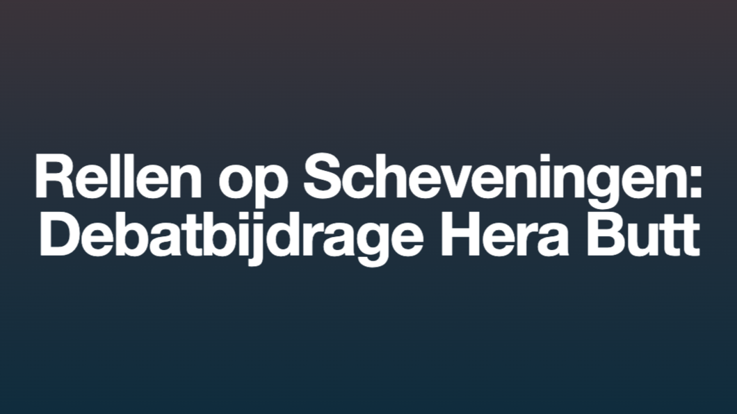 Witte tekst op zwarte achtergrond: Rellen op Scheveveningen, debatbijdrage Hera Butt