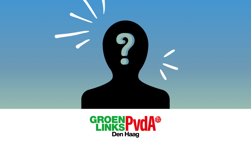 Afbeelding van zwart silhouet van een persoon, met een vraagteken in het midden en met het GroenLinks-PvdA Den Haag logo eronder