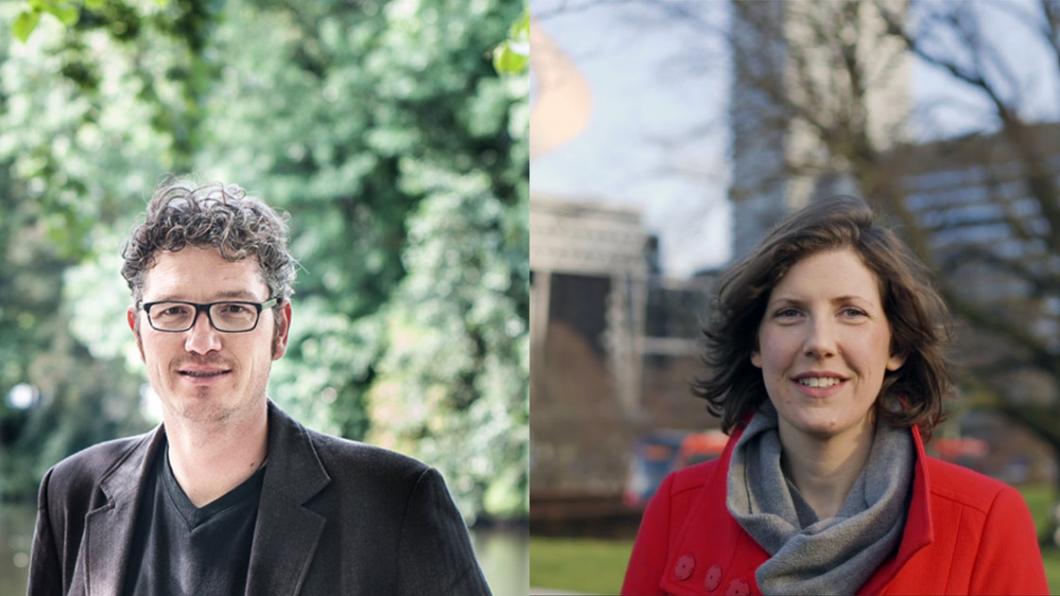 Fractievoorzitter GroenLinks Den Haag Arjen Kapteijns en vice-fractievoorzitter Erlijn Wenink