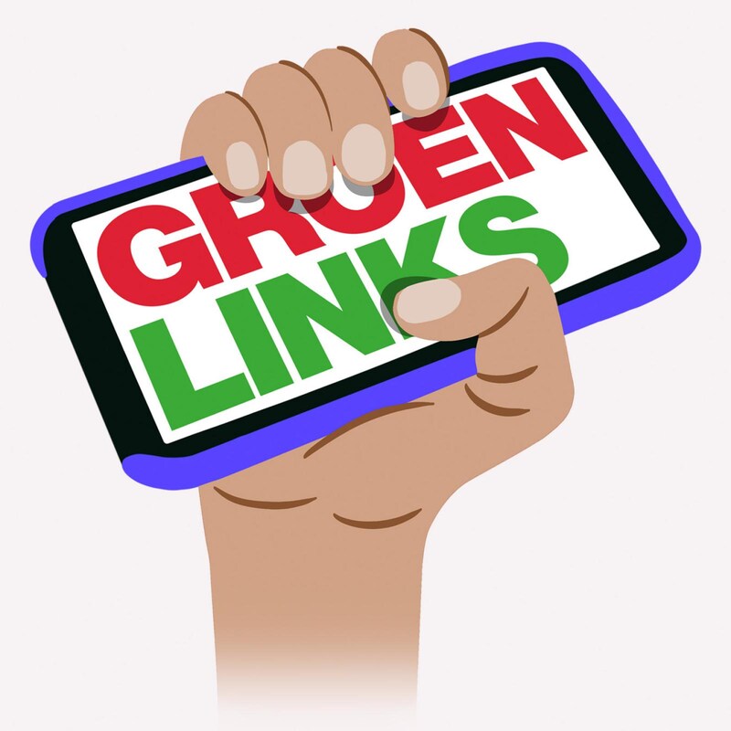Illustratie van hand die telefoon vasthoudt waarop staat GroenLinks
