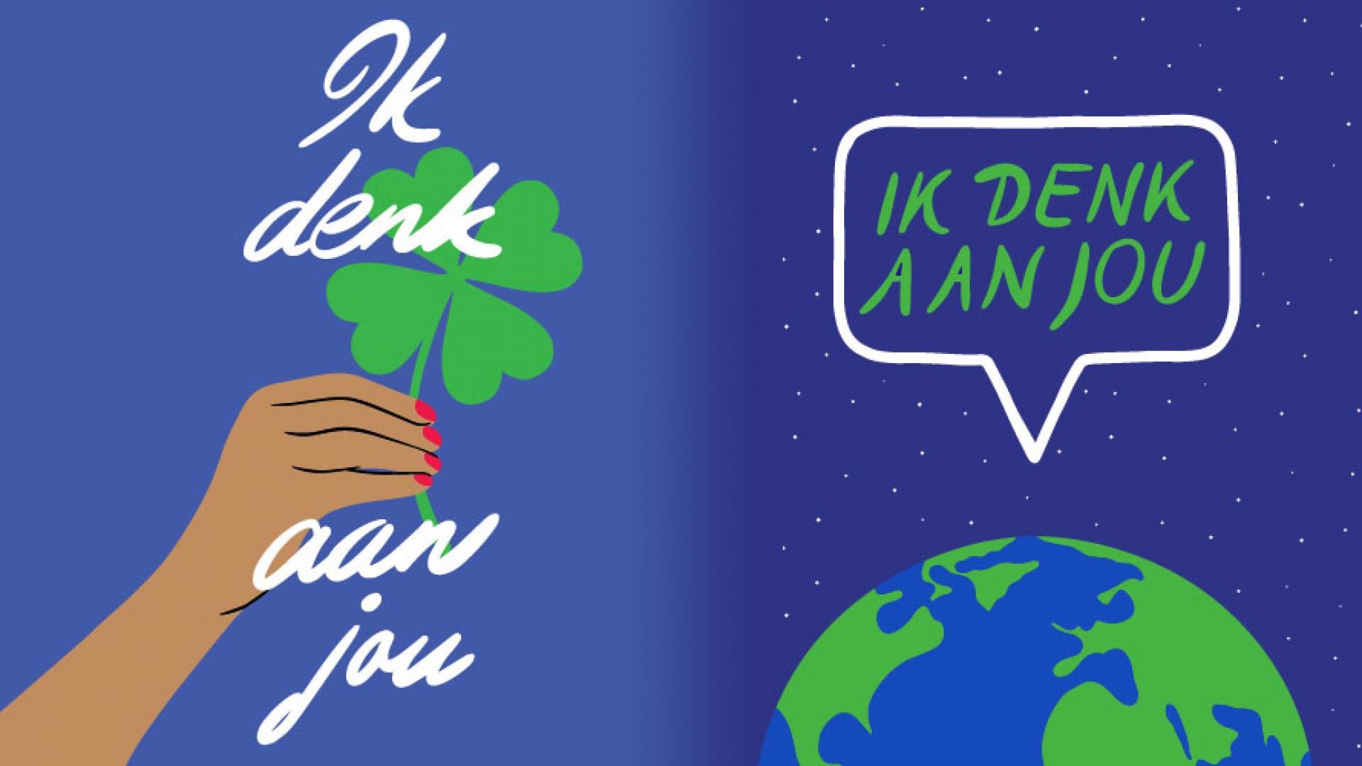 fbeeldingen die op kaartjes van GroenLinks komen te staan, links een hand met een klaver, rechts een wereldbol, allebei met de tekst 'ik denk aan jou'