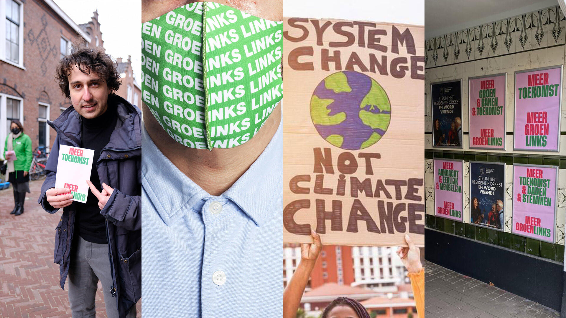 collage van campagnefoto's met Jesse Klaver, een GroenLinks-mondkapje, een protestbord, en posters