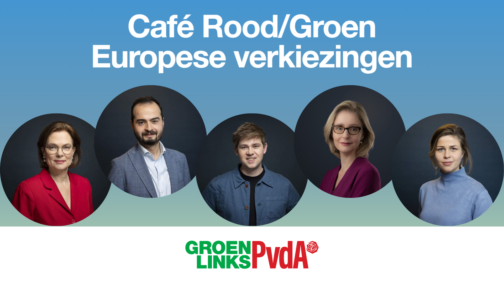 Titel 'café Rood/Groen Europese verkiezingen' met daaronder foto's van de vijf Haagse europese kandidaten