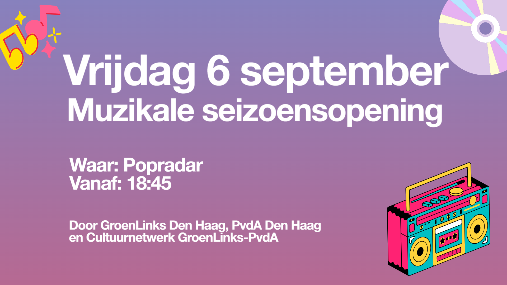 Vrijdag 6 september muzikale seizoensopening, op een paarse achtergrond met muziek gerelateerde illustraties