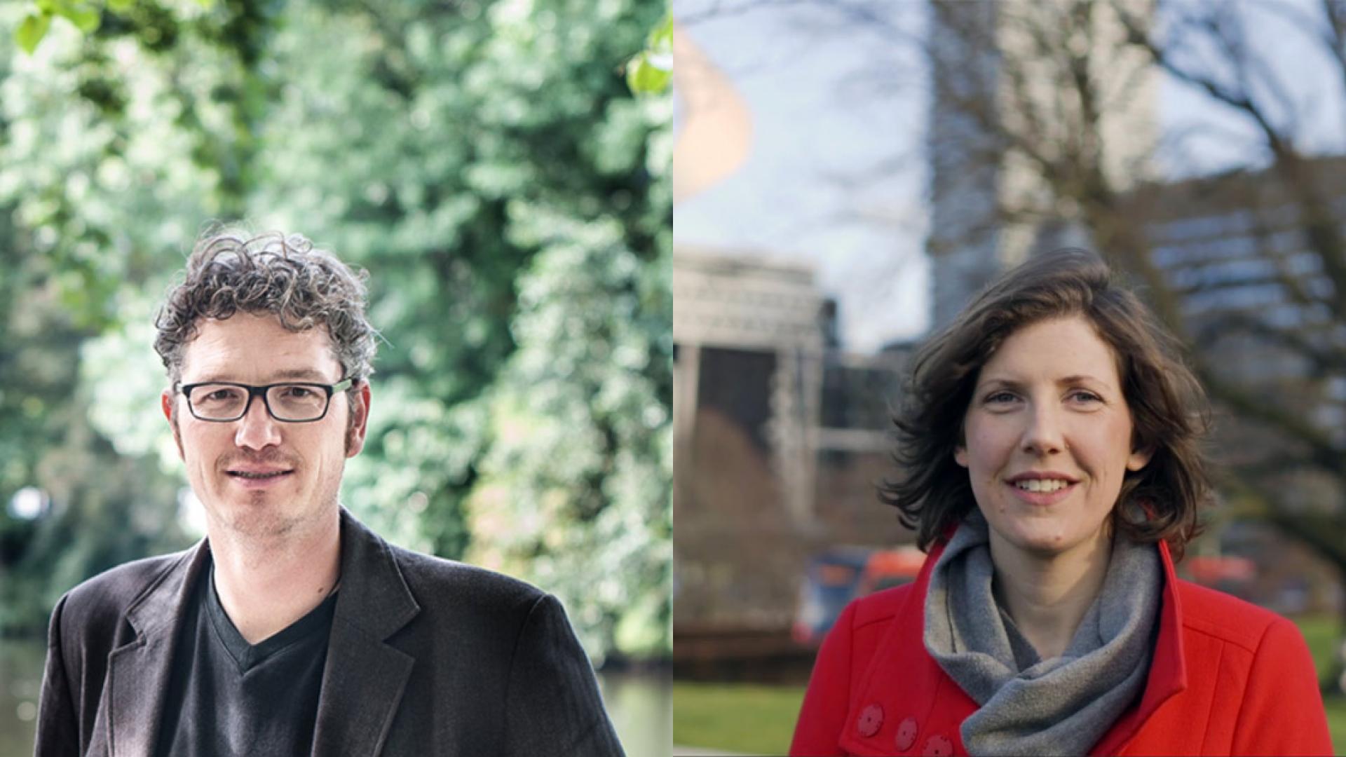 Fractievoorzitter GroenLinks Den Haag Arjen Kapteijns en vice-fractievoorzitter Erlijn Wenink